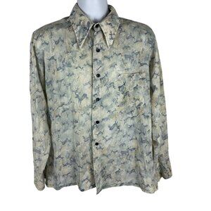 Vintage Blue Buckle Button-Up Mens Shirt With Deer Print Design Size L
